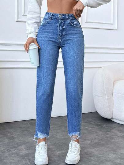 SHEIN Tall Tall Medium Washed Distressed Frayed Hem Denim Jean