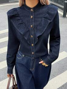 Livesso Women's Casual Denim Top With Ruffle Hem, Autumn/Winter Long Sleeve