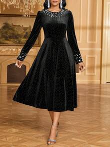 SHEIN Lady Váy dài tay đính ngọc trai trang trí cho nữ - màu đen - Xem 3