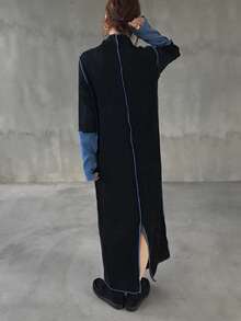 FRIFUL Gaun Wanita Lengan Panjang Kerah Tinggi dengan Blok Warna, Kain Bertekstur Ribbed, Gaun Kasual Longgar, Cocok untuk Gaun Maxi Musim Gugur/Musim Dingin - Hitam - View 5