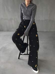 FRIFUL 女士棕色刺绣直筒裤，春季款 - 黑色 - 查看 4