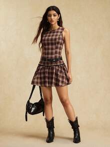 Easelle 棕色格子编织迷你连衣裙（女款） - 棕色 - 查看 5