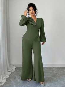 Elenzga Bộ 2 món áo kiểu Pháp tay dài chữ A thắt eo họa tiết hoa thêu tinh tế màu đỏ tía thanh lịch dành cho nữ, phù hợp cho mùa xuân và mùa thu - màu xanh lá - Xem 5