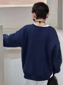 DAZY Tween Boy Letter Embroidery Round Neck Drop Shoulder Long Sleeve Casual Loose Sweatshirt, Autumn/Winter - Navy Blue - View 8