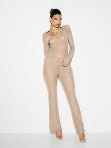 KIZN Rhinestone Embellished Long Sleeve Collared Bodysuit With Button Front Closure And Sparkly Crystal Details - Brown - View 3