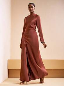 Zivah 2025 Autumn/Winter New Music Festival, Easter, St. Patrick's Day, Western, Nomadic, Birthday Party, Graduation, College Style, Student, Daily Wear, Basic Versatile, Casual, Vacation, Cruise Travel, Beach, Sunbathing, Viral , Streetwear, Wedding Guest Boho, Commute, Brunch, Airport, Party, Holiday Outing, Elegant Banquet Brown Long Dress With Crew Neck, Long Sleeves, Waist Ruching, Side Slit, Satin Fabric Long Dress With Slit Long Dress With Sleeves Rust Brown Dress Dress Modest - Rust Brown - View 6