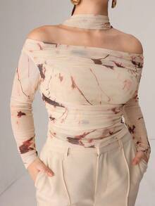 Modelyn Autumn Knitted Sexy Sheer Mesh Ribbon Print T-Shirt - Multicolor - View 8