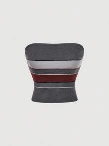 SHEIN MOD Set Atasan Tube Rajut Minimalis Bergaris Abu-abu Gelap dengan Warna Kontras dan Kardigan Pendek, Set Sweater Rajut Dua Potong Nyaman untuk Musim Gugur dan Sehari-hari - Grey - View 7