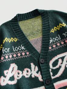 ROMWE MEN Street Life Chaqueta de punto con estampado de letras de colores para hombre - Verde - Ver 3