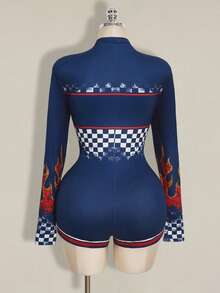 SHEIN ICON 加大码 Y2K 外出运动风格摩托车印花长袖连体裤 - 藏蓝色 - 查看 2