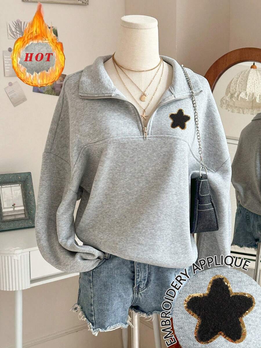 INAWLY Áo khoác nỉ nữ dáng rộng có khóa kéo - Xám - Xem 1