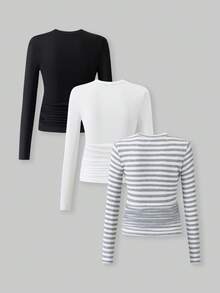 SHEIN ChillGRL 3 pièces/Set T-shirts à manches longues ajustés, col rond, taille froncée, style décontracté pour jeunes filles - Multicolore - Voir 2