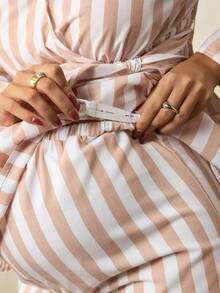 两件套孕妇休闲通勤条纹衬衫和裤子 - 卡其色 - 查看 6