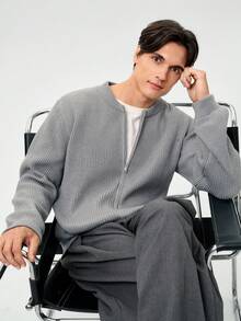 RONVEXI Men's Solid Color Long Sleeve Casual Knitted Cardigan, Autumn/Winter - Grey - View 5