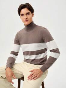 RONVEXI Men's Casual Colorblock Striped Turtleneck Sweater, Autumn/Winter - Mocha Brown - View 6