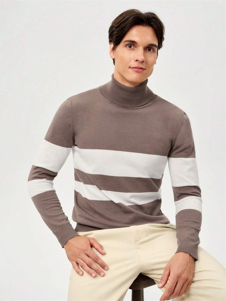 RONVEXI Men's Casual Colorblock Striped Turtleneck Sweater, Autumn/Winter - Mocha Brown - View 1