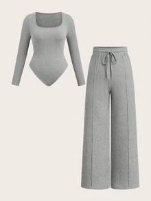 Sweetra 大码浅灰色U领阔腿连体裤，休闲修身家居服及户外时尚单品，两件套，秋冬款 - 灰色 - 查看 1
