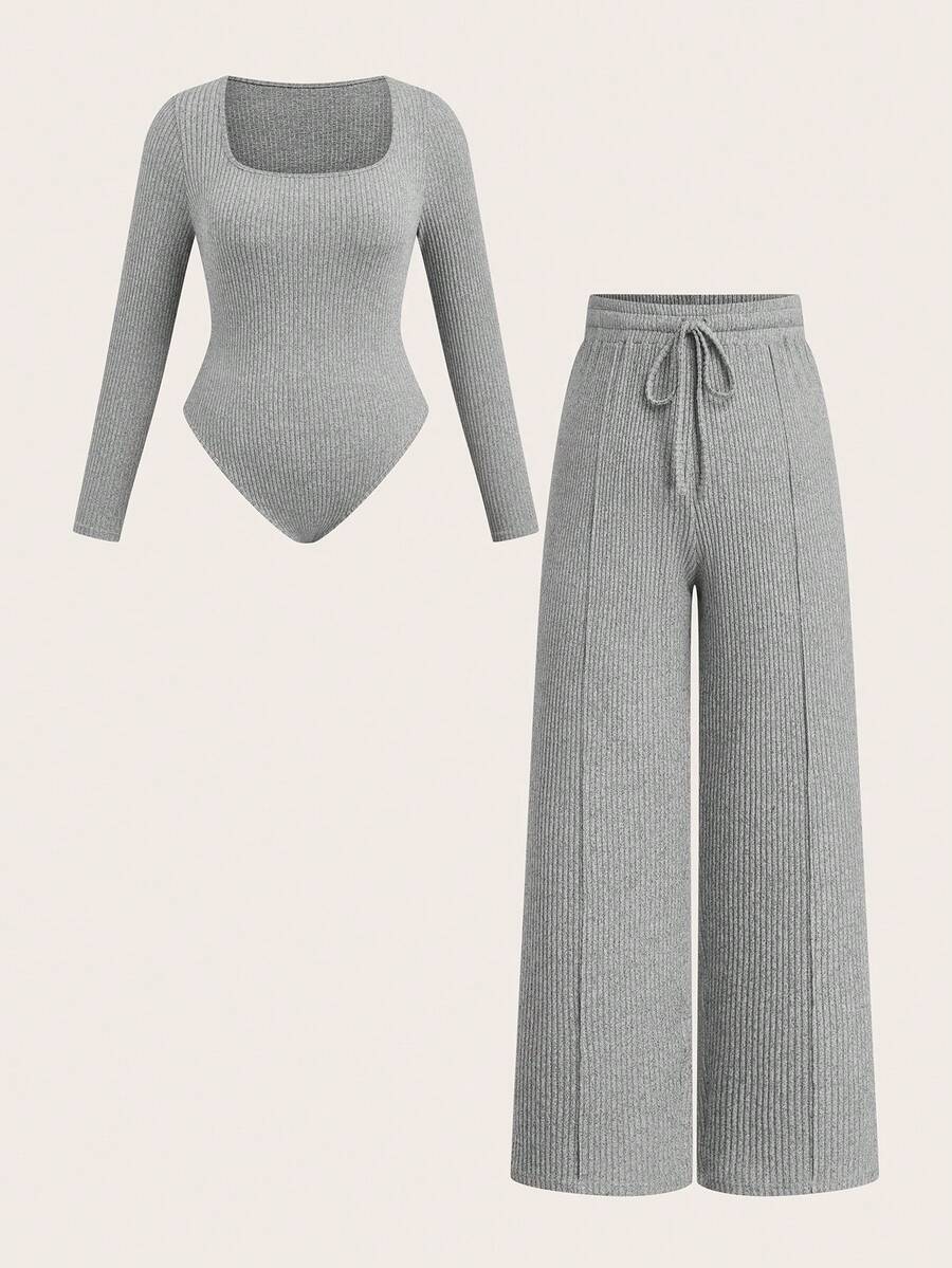 Sweetra 大码浅灰色U领阔腿连体裤,休闲修身家居服及户外时尚单品,两件套,秋冬款 - 灰色 - 查看 1