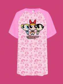 THE POWERPUFF GIRLS X SHEIN Plus Size Summer Cute Letter & Blossom, Bubbles, Buttercup Pattern Raglan Sleeve Nightgown Kawaii Nightgown Pink Nightgown Powerpuff Girls Dress Powerpuff Girls Nightgown Cartoon Nightgown Moo Moo Night Gown Moomoo Dress Romwe Kawaii - Pink - View 6