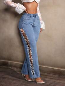 Slaydiva Plus Size Fashion Hollow Beaded Chain Decor Wide Leg Jeans - Blue - View 4