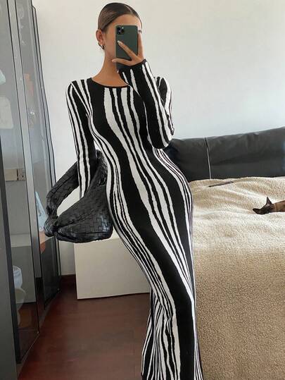 Livesso Elegant Fitted Black & White Round Neck Sweater Dress For Women, Autumn/Winter