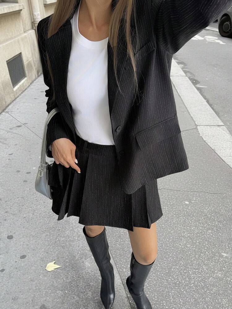 Women's Striped Casual Jacket And Pleated Skirt 2 Pieces Set, Autumn/Winter