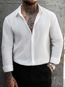 Manfinity Homme 男士纯色提花条纹休闲长袖衬衫 男士白色长袖衬衫 男士纹理衬衫 男士时尚衬衫 男士休闲衬衫 白色条纹衬衫 男士条纹衬衫 白色长袖上衣 - 白色 - 查看 5