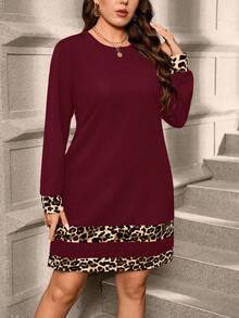 SHEIN Clasi Plus Size Solid Leopard Print Patchwork Minimalist Daily Wear Round Neck Long Sleeve Dress/Winter - Burgundy - View 6