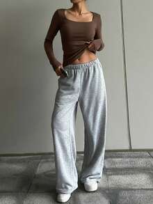 DAZY 女士纯色松紧腰阔腿休闲运动运动裤，女士慢跑裤 - 灰色 - 查看 3