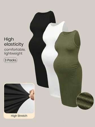 Modmama Gravid Enfärgad Rund Hals Ribbad Casual Jumper Klänning