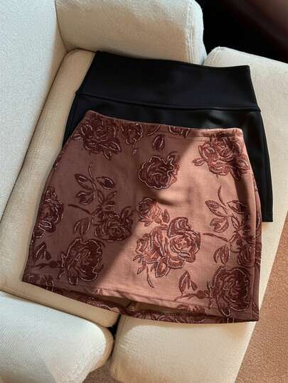 Franclia Women's Brown Skirt Spring And Autumn With Mesh Glitter Flocked Floral Tie-Dye Print Mini Skirt, Hip Skirt, Mesh Embroidered Flower Pattern Shiny Skirt, Women's Short Skirt, Suitable For Street, Sexy Party, Party, Date, Outing, Christmas Halloween, New Year's And Other Women's Short Skirts Winter,WinterChristmas New Year Women Thanksgiving Skirt