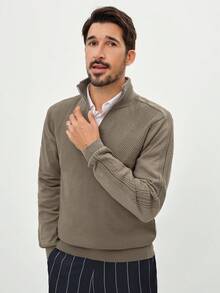 Manfinity Homme Men's Casual Solid Color Zipper Half-Placket Raglan Sleeve Sweater, Autumn/Winter Mock Neck Men - Camel - View 3
