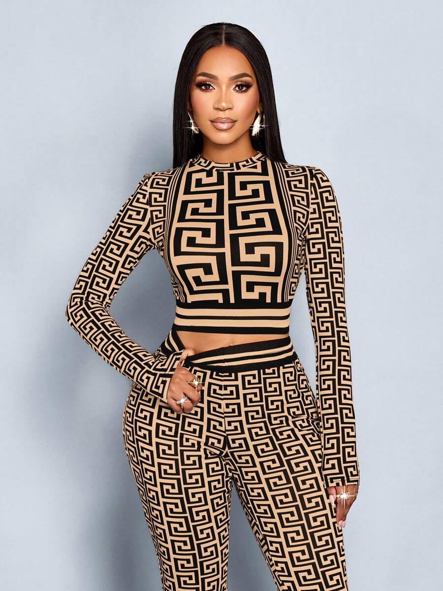 SOLERSUN Set de 2 bucăți pentru femei, toamnă/iarnă, design grafic cu imprimeu contrastant, culori lungi, top și pantaloni, set de Ziua Recunoștinței, ținute de iarnă pentru femei, haine de femei - imagine 6