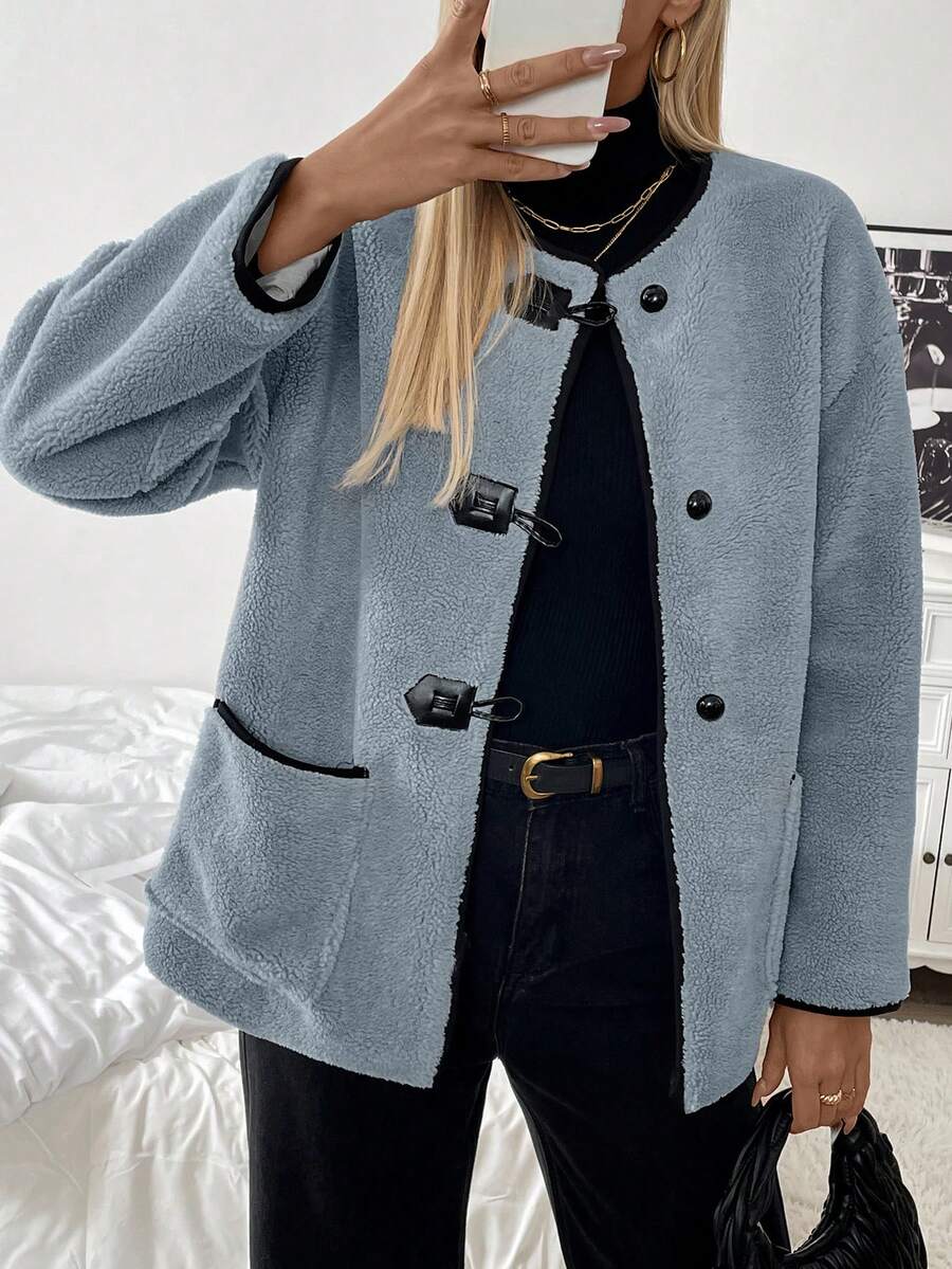 SHEIN LUNE 圆领撞色牛角扣宽松羊毛外套