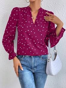 LanaWest 女士心形印花V领长袖时尚衬衫 - 玫紅色 - 查看 4