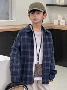 Dazy Kids Tween Boys' Loose Casual Plaid Shirt, Autumn - Navy Blue - View 7