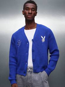 PLAYBOY X SUMWON V领罗纹针织开衫，饰有刺绣logo细节，长袖，适合秋冬穿着。 - 藍色 - 查看 1