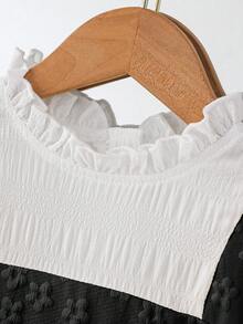 SHEIN Young Girl' Floral Textured Pastoral Style Puff Sleeve Bow Decor Yellow Dress, Autumn - Black and White - View 5