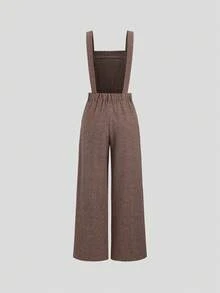 Sweetra 时尚高端吊带设计，优雅法式独特街头通勤百搭高端小格纹设计直筒修身性感女士连体裤 - 棕色 - 查看 2