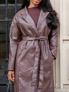 Yess Loren Women Long Solid Color Leather Jacket Regular Fit Coat,Fall Women Clothes - Brown - View 3