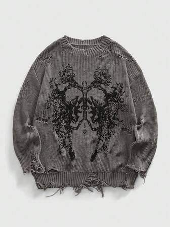 Grunge Punk Maglione lavorato a maglia con stampa apocalittica consumata da uomo