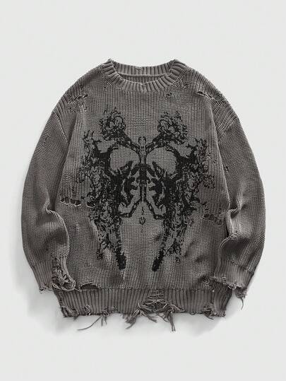 Grunge Punk Men's Punk Distressed Apocalyptic Print Knit Sweater