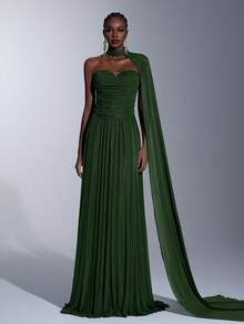 Elitara 优雅奢华的深绿色韩式褶皱A字连衣裙，配可拆卸披肩，正式晚礼服 - 綠色 - 查看 7