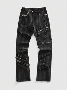 ROMWE MEN Grunge Punk Herren Mode Zerrissene Nieten Dekor Bootcut Jeans - Schwarz - Übersicht 1