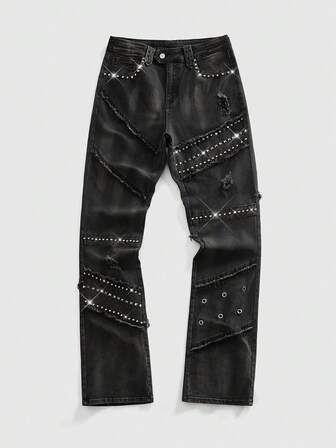 Grunge Punk Jeans évasés avec déchirures et décoration de rivets, mode homme