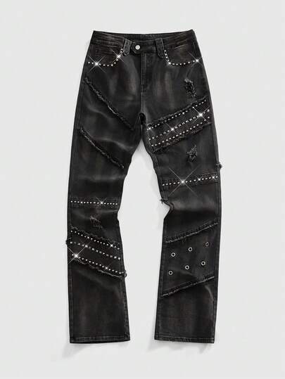 Grunge Punk Herren Mode Zerrissene Nieten Dekor Bootcut Jeans