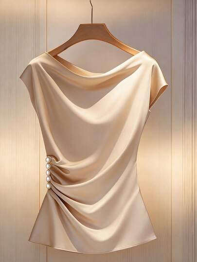 Franclia Women's Elegant Pleated Pearl Buttoned Short Sleeve Ruffle Collar Waisted Blouse Draped Top Cream Top Satin Top