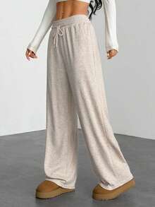 SHEIN PETITE Quần dài thường ngày rút dây màu trơn dành cho nữ, tối giản và thời trang để mặc hàng ngày, tốt nghiệp, trở lại trường, tốt nghiệp, trang phục giáo viên dành cho phụ nữ, trở lại trường - Màu be - Xem 5