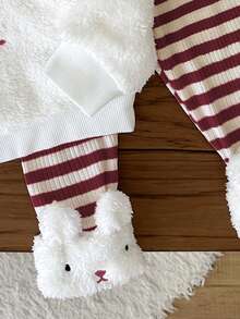 SHEIN 2pcs Baby Girls Rabbit Embroidery Hoodie Sweatshirt With Rabbit Ears And White Striped Fuzzy Trim Pants Set, Fashionable And Cute - Red - View 4