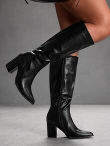 CUCCOO SZL Women's Black Pointed Toe Fashion Side Zipper Design High Heel Mid-Calf Boots For Christmas - Black - View 8